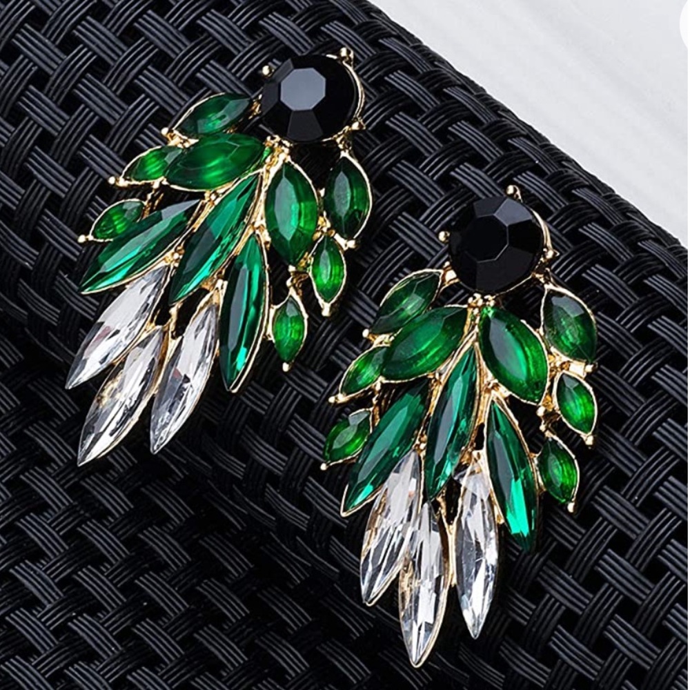 Crystal Earrings Gold Color Green Black Dangles